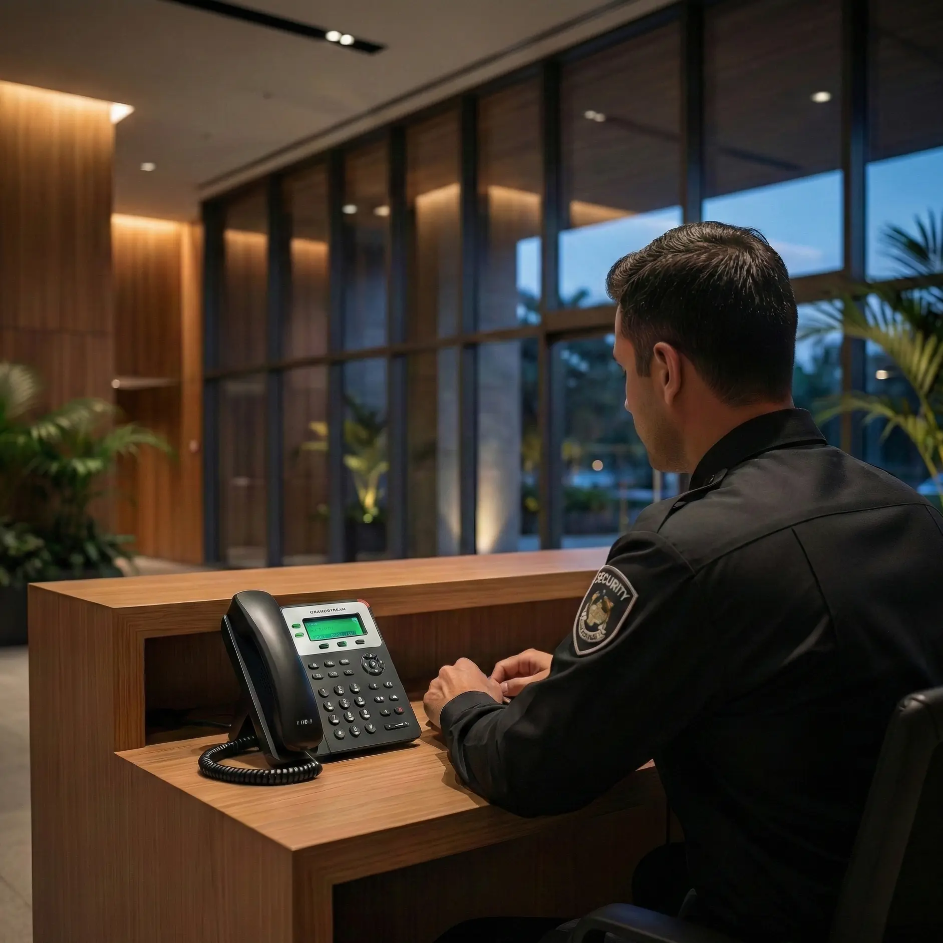 Guarda de seguridad gestionando plataforma de citofonía por internet CITIP